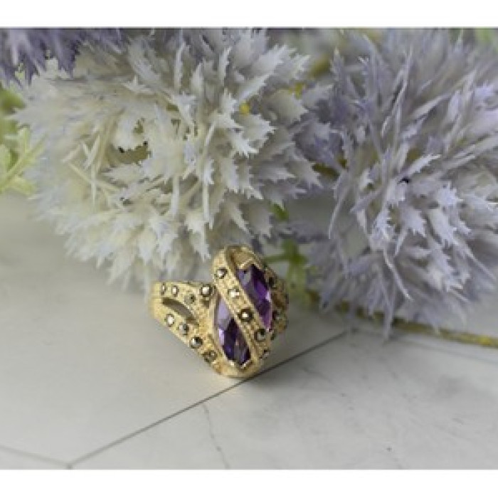 Vintage 925 Sterling Silver Purple Tourmaline & Marcasites Ring Size 6.75