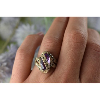 Vintage 925 Sterling Silver Purple Tourmaline & Marcasites Ring Size 6.75