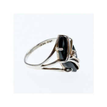 925 Sterling Silver Black Nephrite ( Jade ) & Diamond Ring Size 8.5