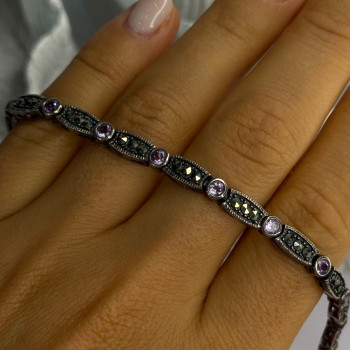 925 Sterling Silver Amethyst & Marcasite Bracelet Length 7.5