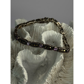 925 Sterling Silver Amethyst & Marcasite Bracelet Length 7.5