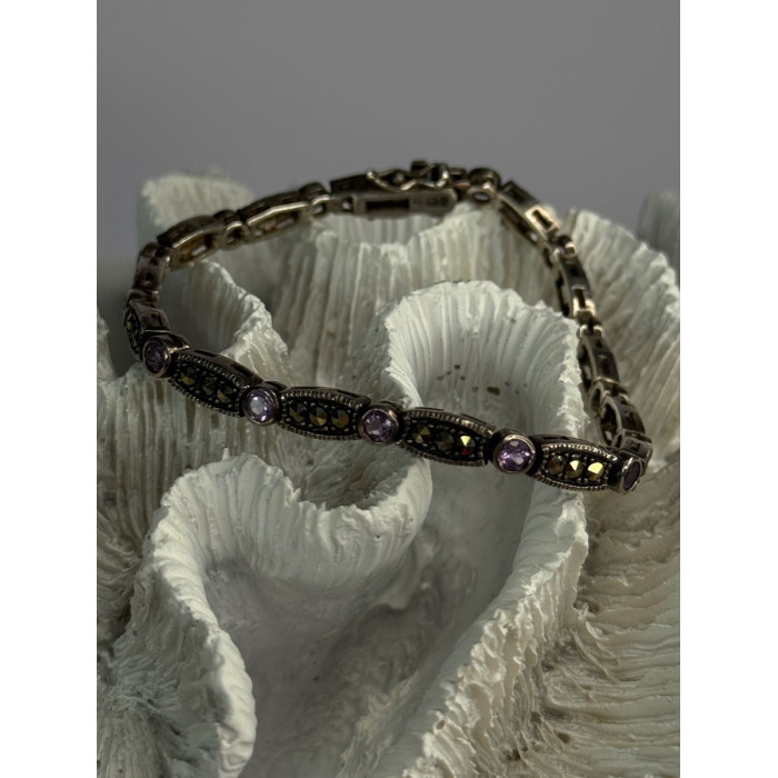925 Sterling Silver Amethyst & Marcasite Bracelet Length 7.5