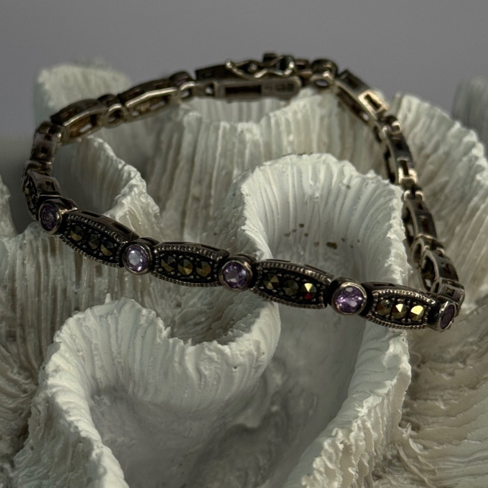 925 Sterling Silver Amethyst & Marcasite Bracelet Length 7.5