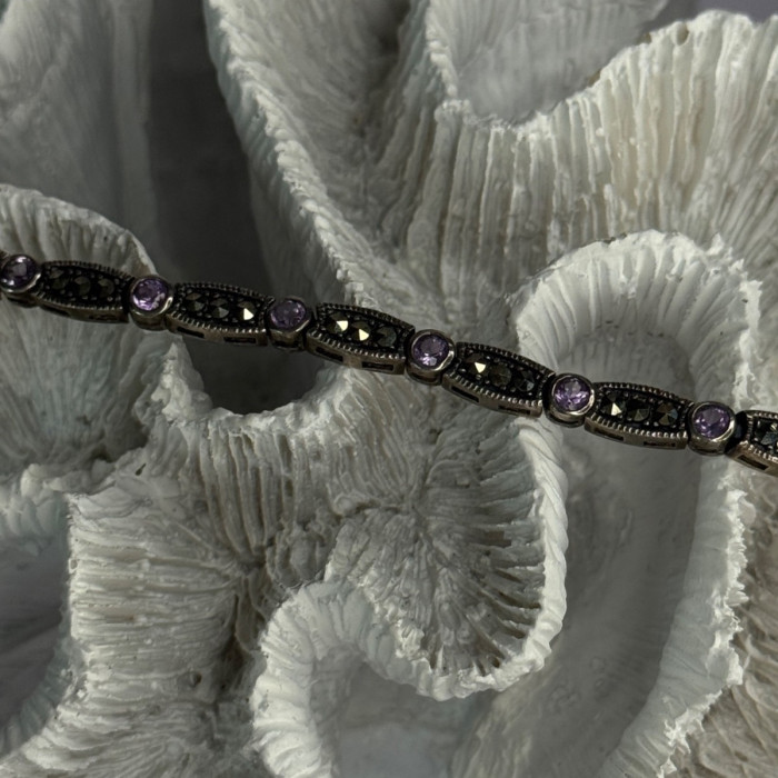 925 Sterling Silver Amethyst & Marcasite Bracelet Length 7.5