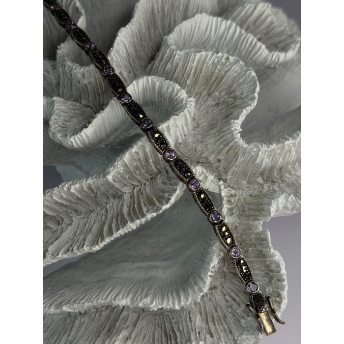 925 Sterling Silver Amethyst & Marcasite Bracelet Length 7.5
