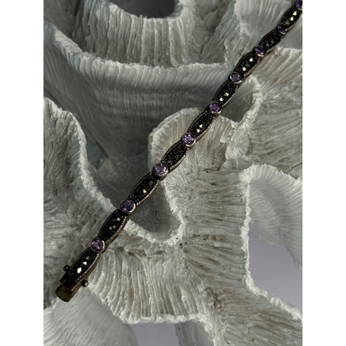 925 Sterling Silver Amethyst & Marcasite Bracelet Length 7.5