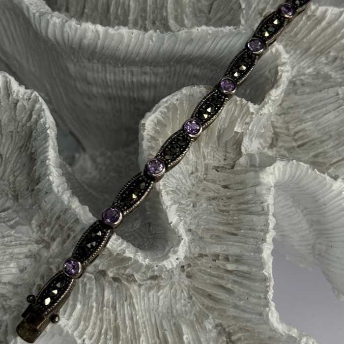 925 Sterling Silver Amethyst & Marcasite Bracelet Length 7.5