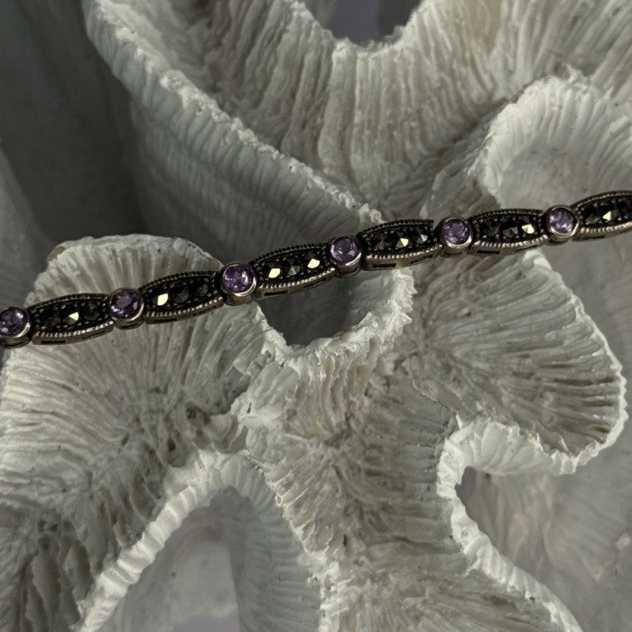 925 Sterling Silver Amethyst & Marcasite Bracelet Length 7.5