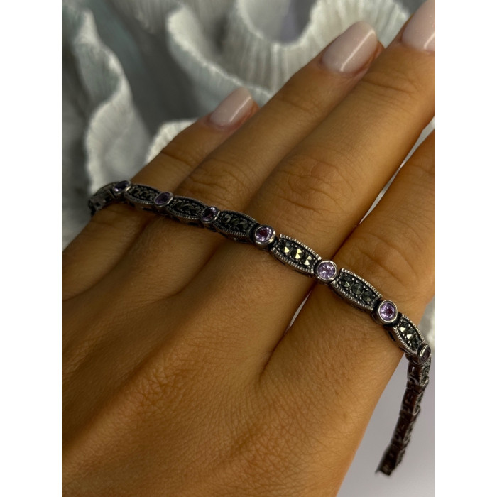 925 Sterling Silver Amethyst & Marcasite Bracelet Length 7.5