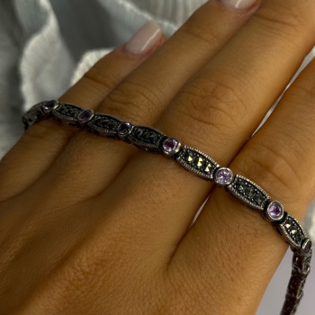 925 Sterling Silver Amethyst & Marcasite Bracelet Length 7.5