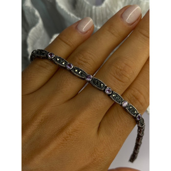 925 Sterling Silver Amethyst & Marcasite Bracelet Length 7.5