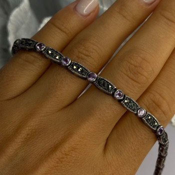 925 Sterling Silver Amethyst & Marcasite Bracelet Length 7.5