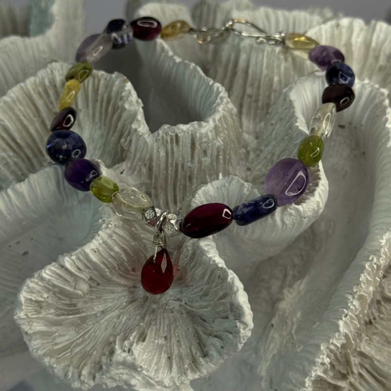 925 Sterling Silver Multi Color Gemstones Bracelet Length 7.5