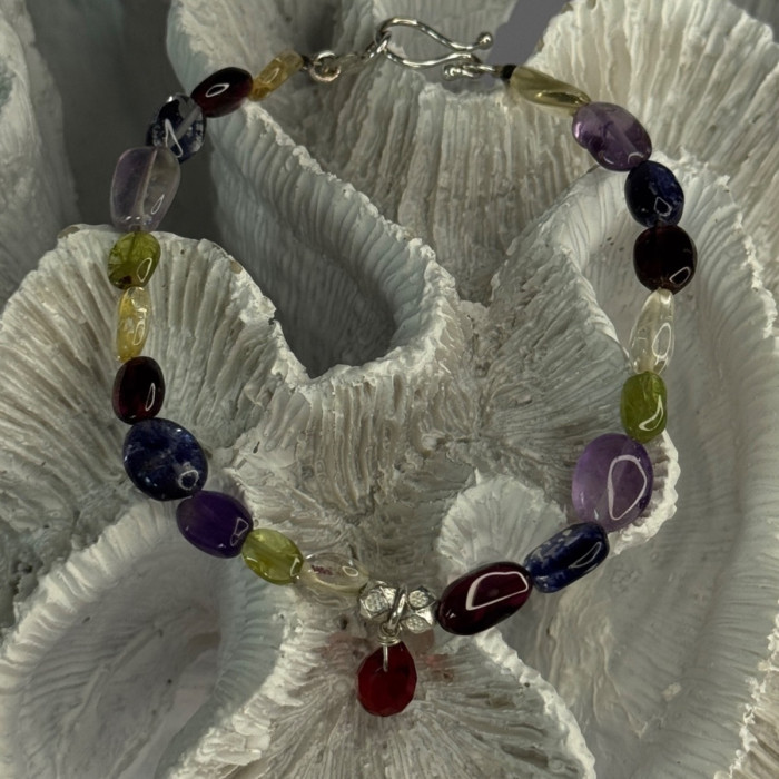 925 Sterling Silver Multi Color Gemstones Bracelet Length 7.5