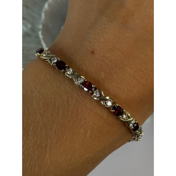 925 Sterling Silver Garnet & Beryl Bracelet Length 7
