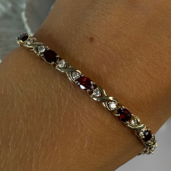925 Sterling Silver Garnet & Beryl Bracelet Length 7