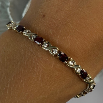 925 Sterling Silver Garnet & Beryl Bracelet Length 7