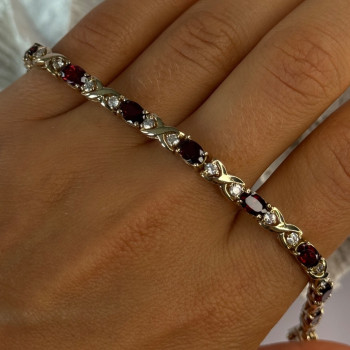 925 Sterling Silver Garnet & Beryl Bracelet Length 7