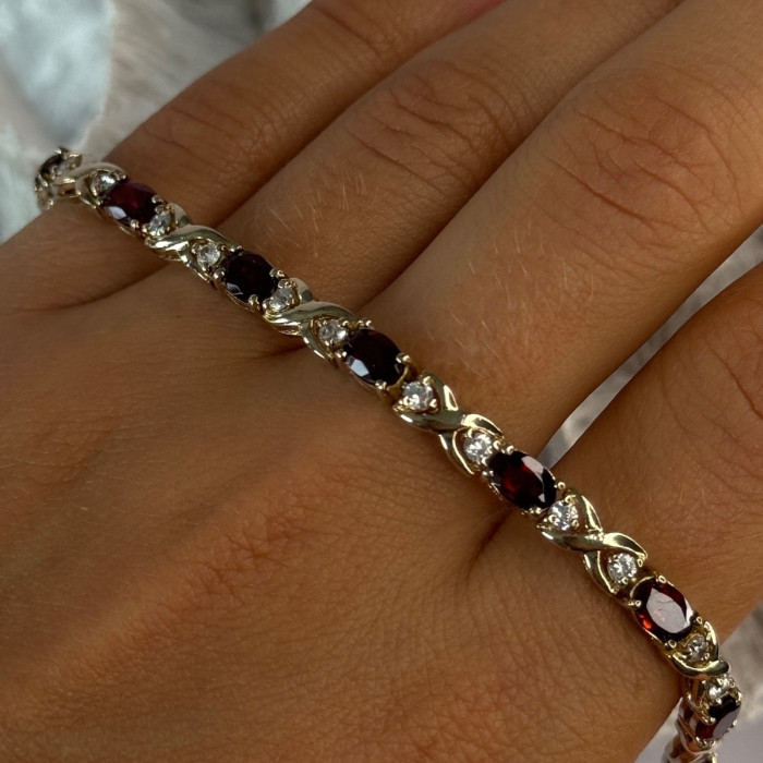925 Sterling Silver Garnet & Beryl Bracelet Length 7
