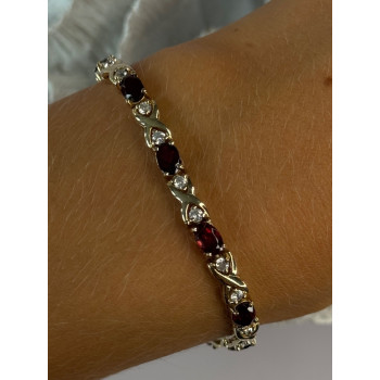 925 Sterling Silver Garnet & Beryl Bracelet Length 7