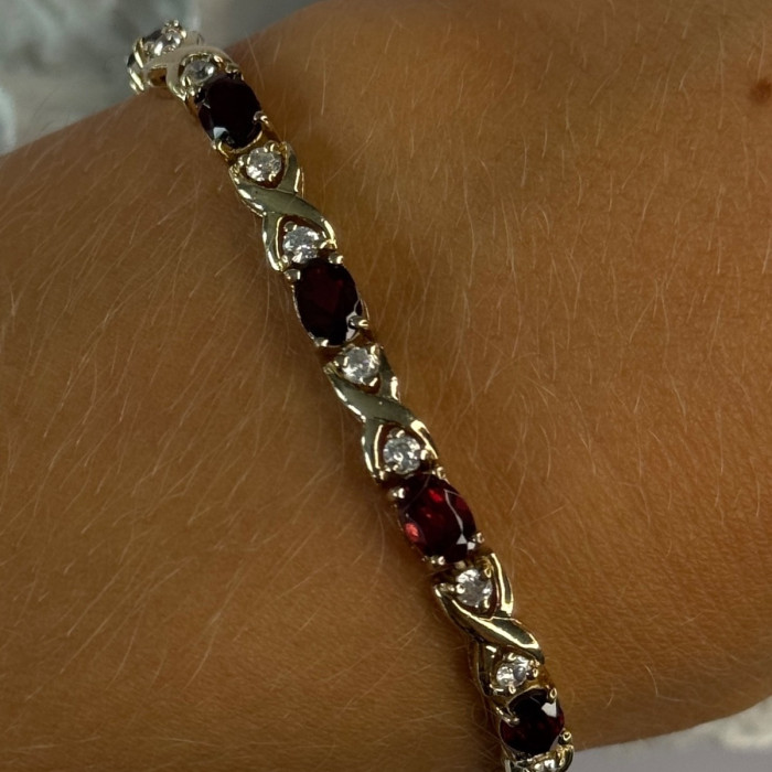 925 Sterling Silver Garnet & Beryl Bracelet Length 7