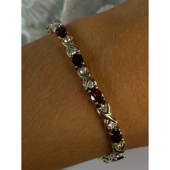 925 Sterling Silver Garnet & Beryl Bracelet Length 7