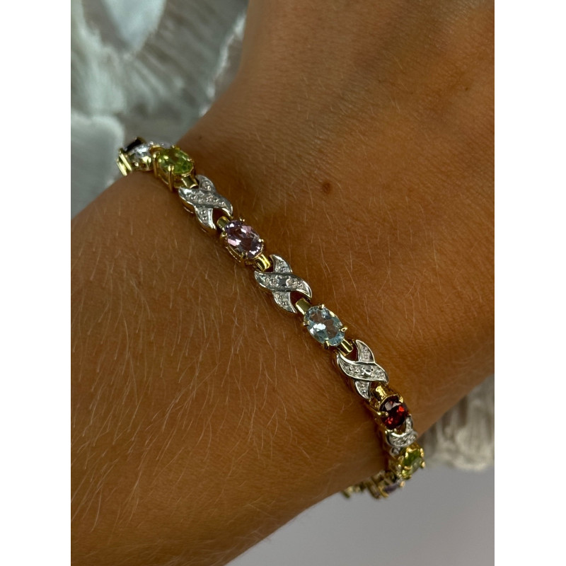 925 Sterling Silver Gold Plated Multi Color Gemstones Bracelet Length 7.5