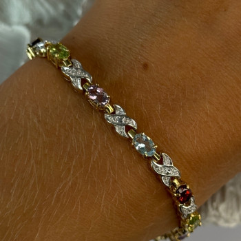 925 Sterling Silver Gold Plated Multi Color Gemstones Bracelet Length 7.5