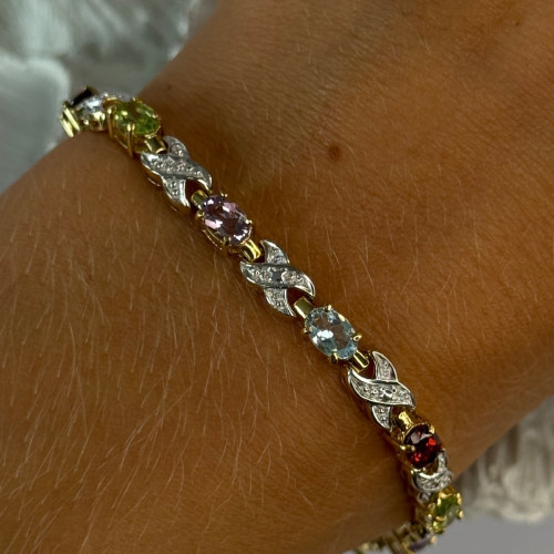925 Sterling Silver Gold Plated Multi Color Gemstones Bracelet Length 7.5