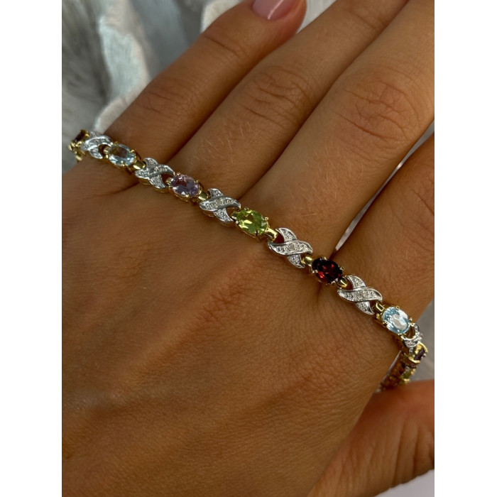 925 Sterling Silver Gold Plated Multi Color Gemstones Bracelet Length 7.5