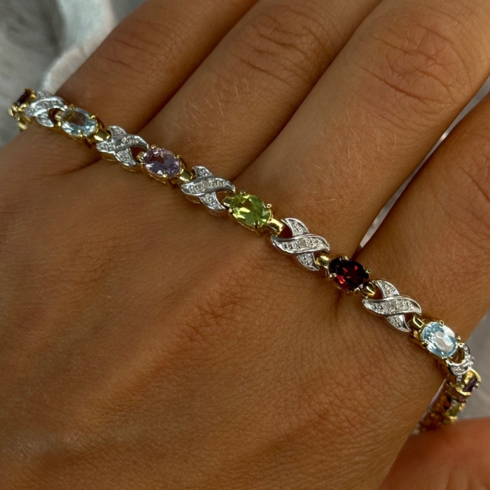 925 Sterling Silver Gold Plated Multi Color Gemstones Bracelet Length 7.5