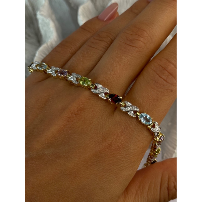 925 Sterling Silver Gold Plated Multi Color Gemstones Bracelet Length 7.5