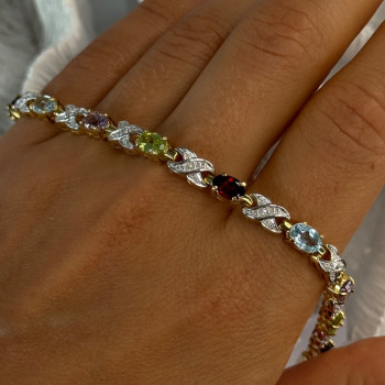 925 Sterling Silver Gold Plated Multi Color Gemstones Bracelet Length 7.5