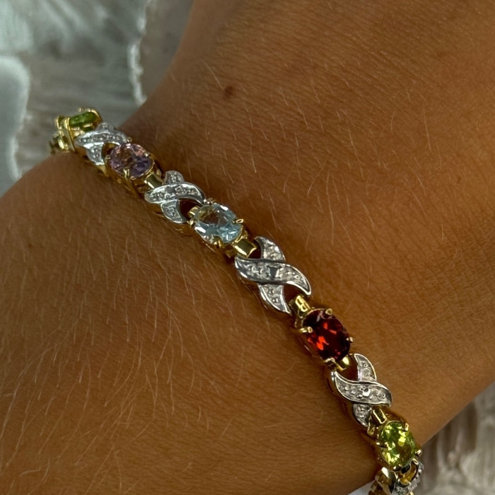 925 Sterling Silver Gold Plated Multi Color Gemstones Bracelet Length 7.5