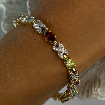 925 Sterling Silver Gold Plated Multi Color Gemstones Bracelet Length 7.5