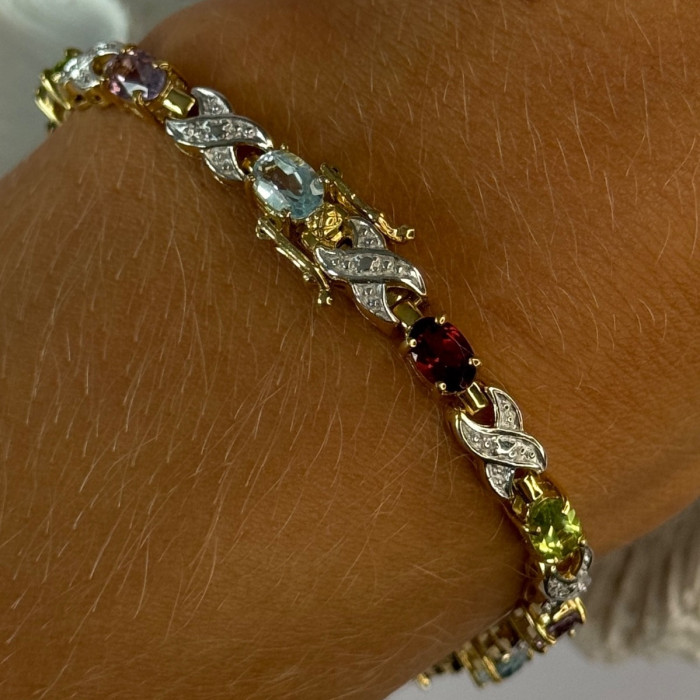 925 Sterling Silver Gold Plated Multi Color Gemstones Bracelet Length 7.5