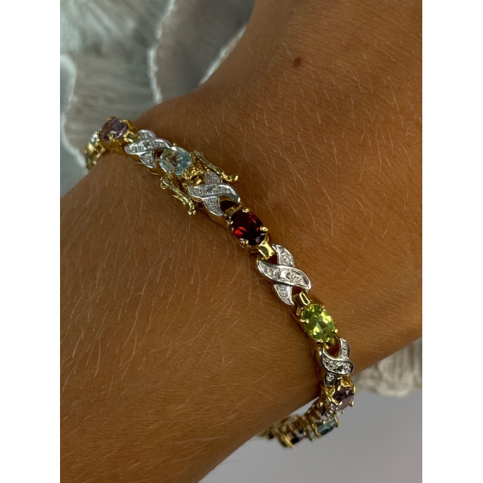 925 Sterling Silver Gold Plated Multi Color Gemstones Bracelet Length 7.5