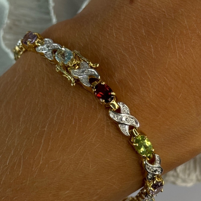 925 Sterling Silver Gold Plated Multi Color Gemstones Bracelet Length 7.5