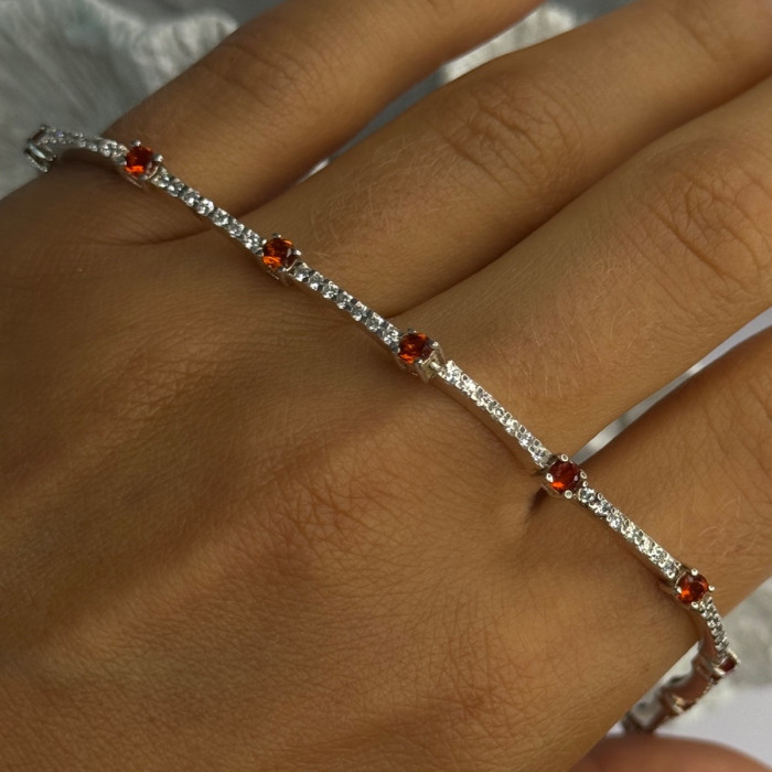 925 Sterling Silver Red Spinel & Beryl Bracelet Length 7.5