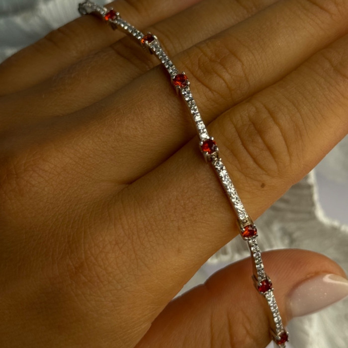 925 Sterling Silver Red Spinel & Beryl Bracelet Length 7.5