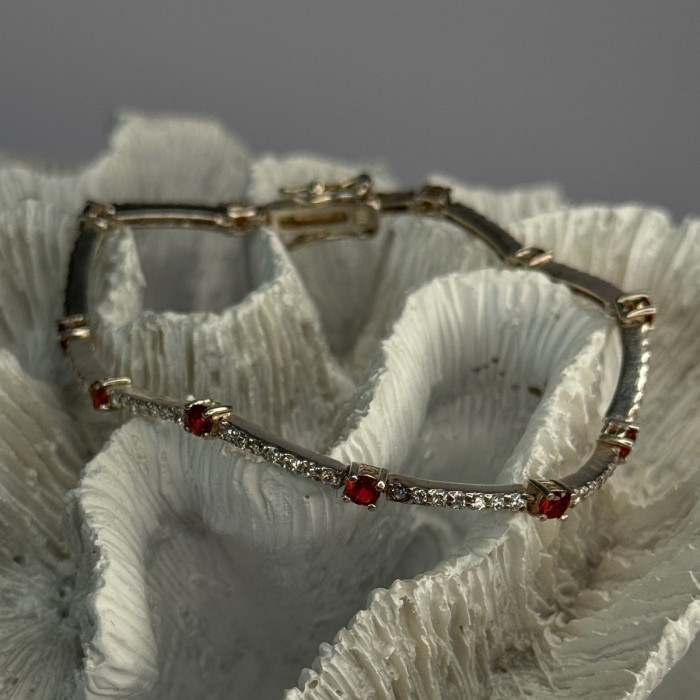 925 Sterling Silver Red Spinel & Beryl Bracelet Length 7.5