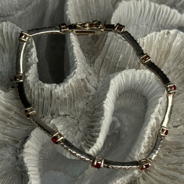 925 Sterling Silver Red Spinel & Beryl Bracelet Length 7.5