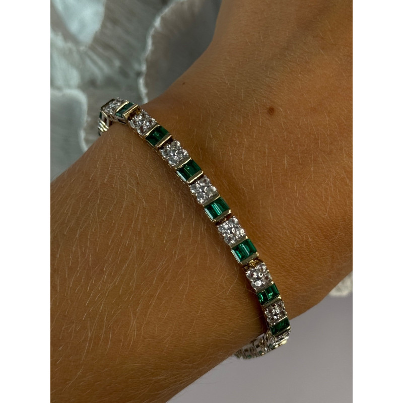 925 Sterling Silver 14K Gold Plated Emerald & Beryl Bracelet Length 7.5