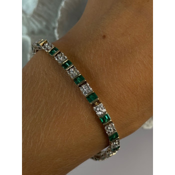 925 Sterling Silver 14K Gold Plated Emerald & Beryl Bracelet Length 7.5
