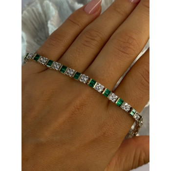 925 Sterling Silver 14K Gold Plated Emerald & Beryl Bracelet Length 7.5