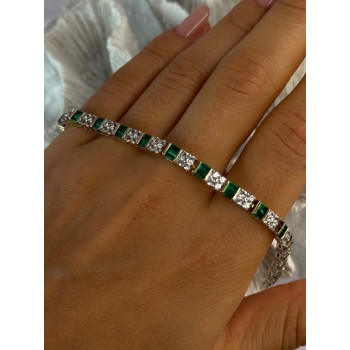 925 Sterling Silver 14K Gold Plated Emerald & Beryl Bracelet Length 7.5
