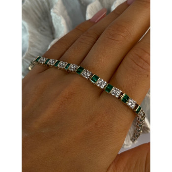 925 Sterling Silver 14K Gold Plated Emerald & Beryl Bracelet Length 7.5