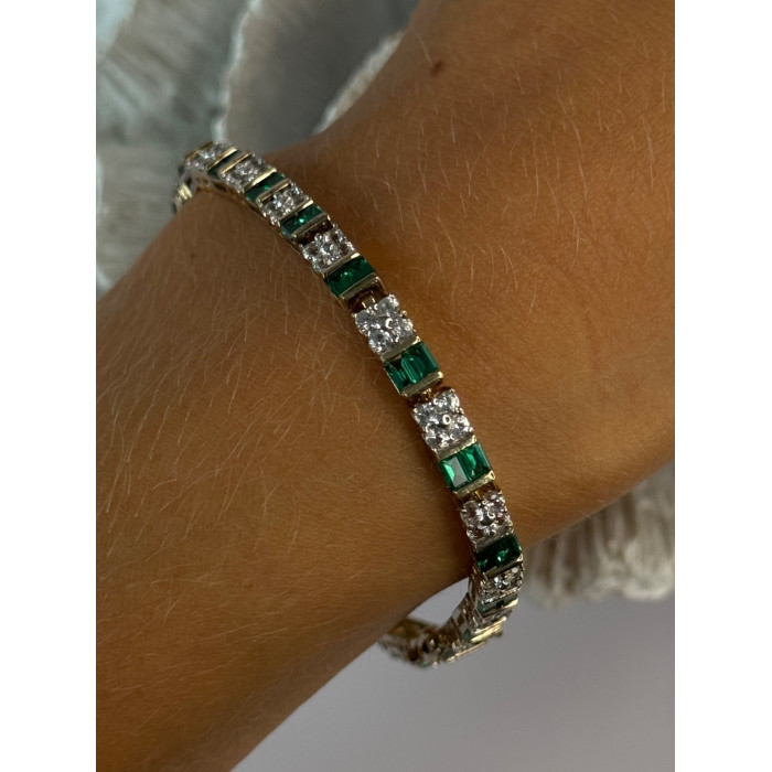 925 Sterling Silver 14K Gold Plated Emerald & Beryl Bracelet Length 7.5