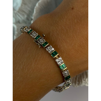 925 Sterling Silver 14K Gold Plated Emerald & Beryl Bracelet Length 7.5