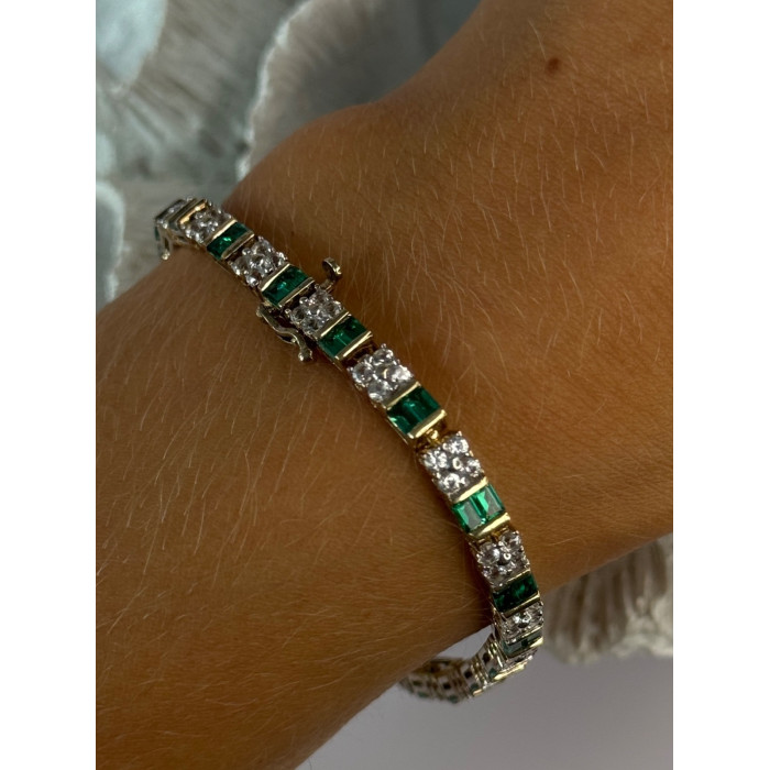 925 Sterling Silver 14K Gold Plated Emerald & Beryl Bracelet Length 7.5